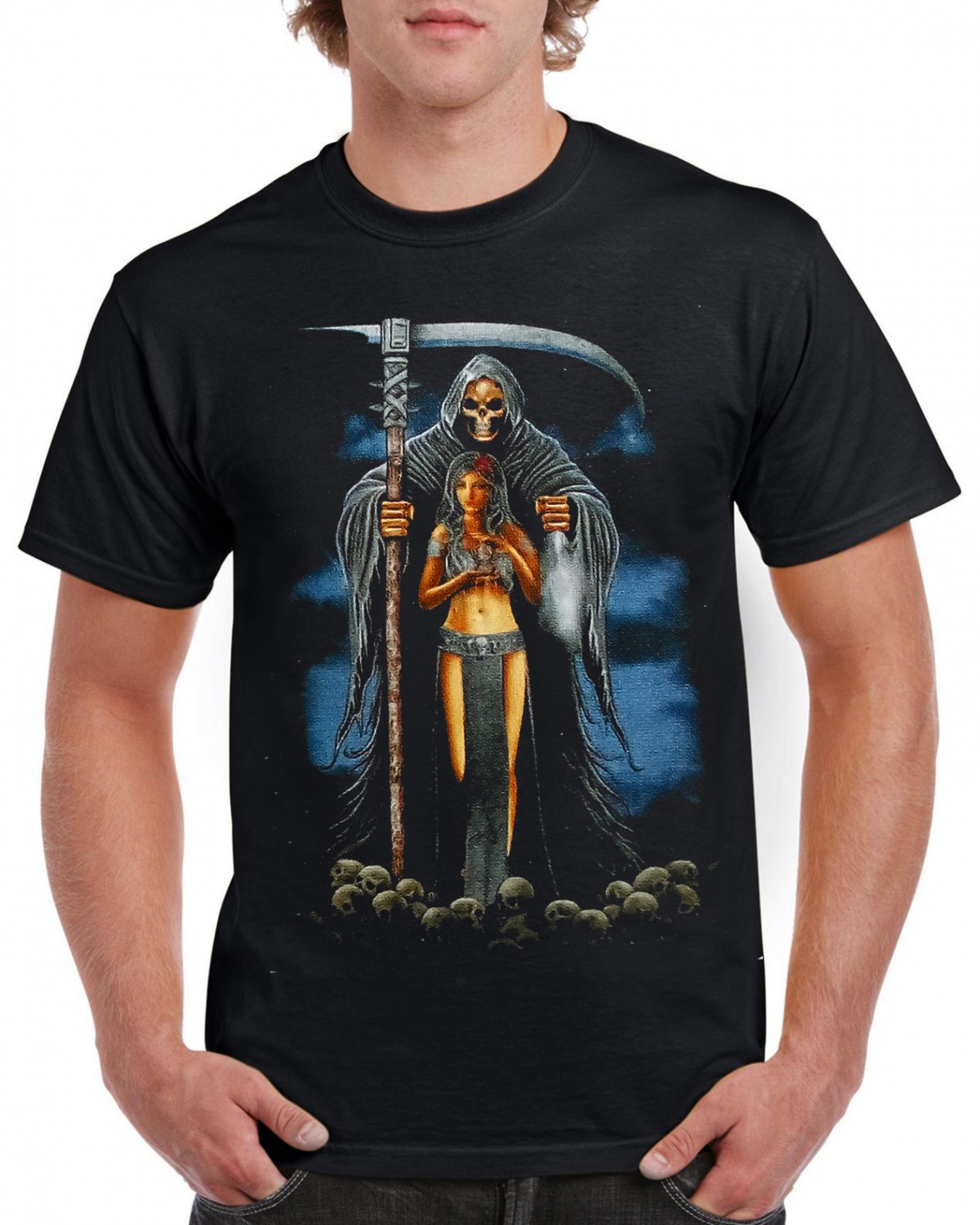 Skeleton Mummy Girl Sickle T-shirt Heavy Metal Rock Tshirt Cool Festival Top Tee