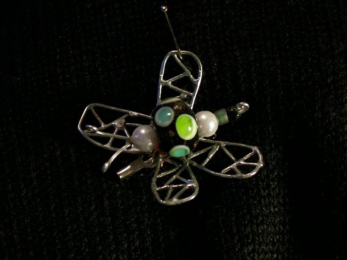 Black and Green Butterfly Wire & Lampworked Pin Brooch