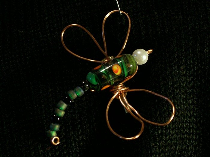 Green and Yellow Dragonfly Pin Lampworked and Wire Work