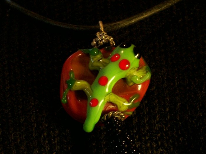 Lampwork Bead Gecko Green and Red Necklace Choker