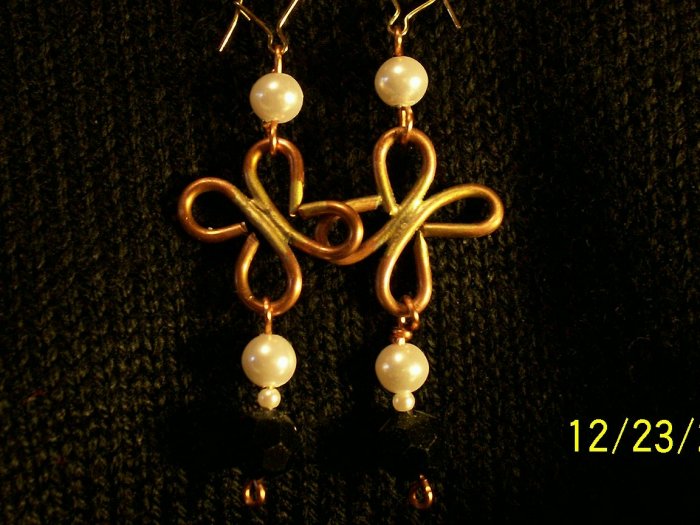 Wire Worked Earrings in Copper and Pearlized Beads