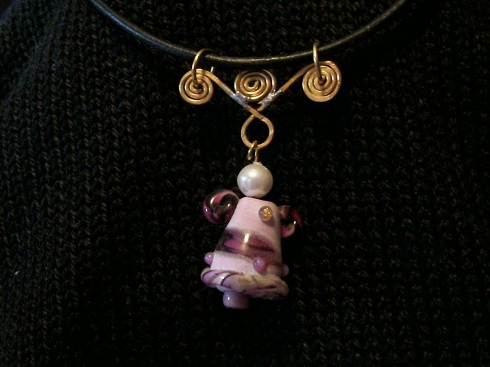Hand made Glass Bell Shaped Bead in Mauve, Black and white