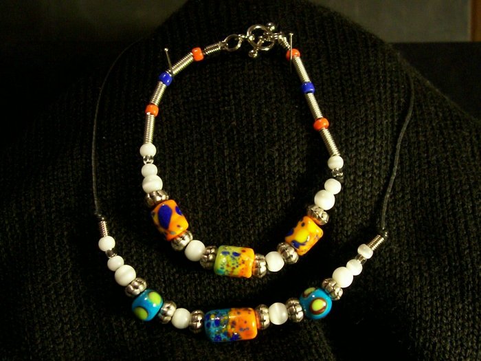 Multi Colored Necklace Bracelet Set with Leather Choker Necklace