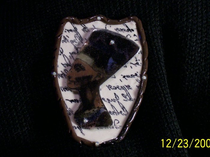 Polymer Clay Neffertiti Pin, Brown, Cream and Black