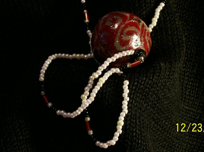 Polymer clay Ball pendant, with antique seed beads necklace