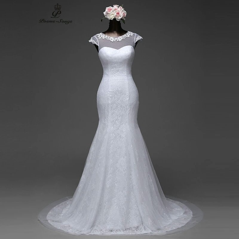 Elegant Cap Sleeve Mermaid Wedding Dress Removable Train and Lace Up Back
