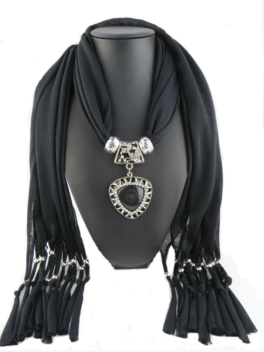 Black Scarf Faux Gem Heart Pendant