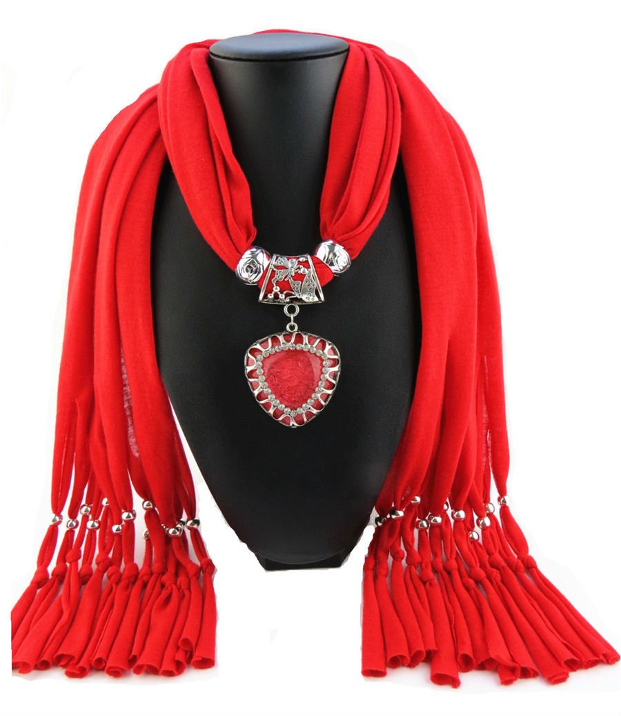 Red Scarf Faux Gem Heart Pendant