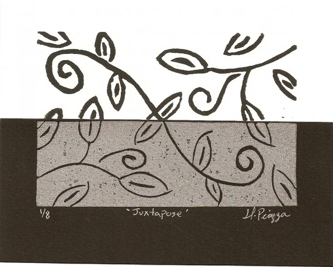 Juxtapose 3 x 4.5 Original two color lino-print - Heather Piazza