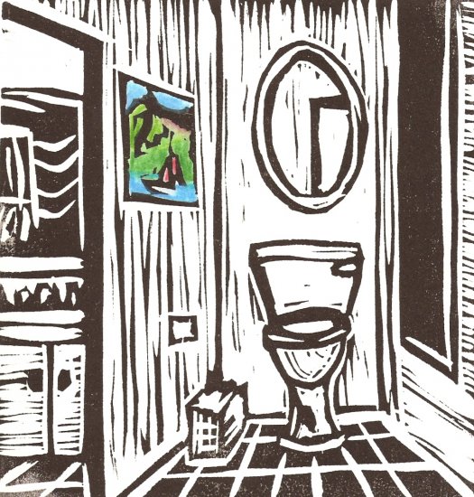 The Bathroom - Hand-colored Original linoleum print - Kathe Welch