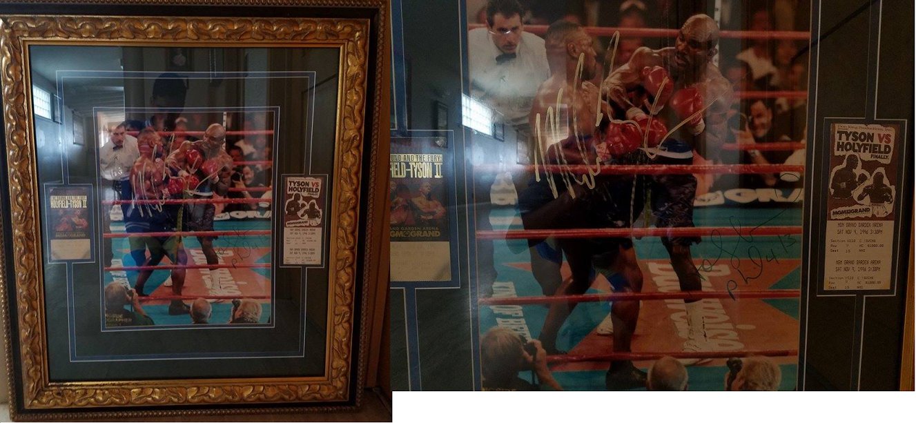 MIKE TYSON AND EVANDER HOLYFIELD FRAMED 16X20 PHOTO AND FIGHT TICKETS