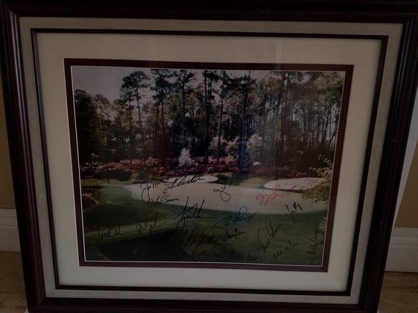 AUGUSTA NATIONAL GOLF LITHO SIGNED BY 18 MASTERS CHAMPIONS, NICKLAUS, PALMER, WOODS ETC