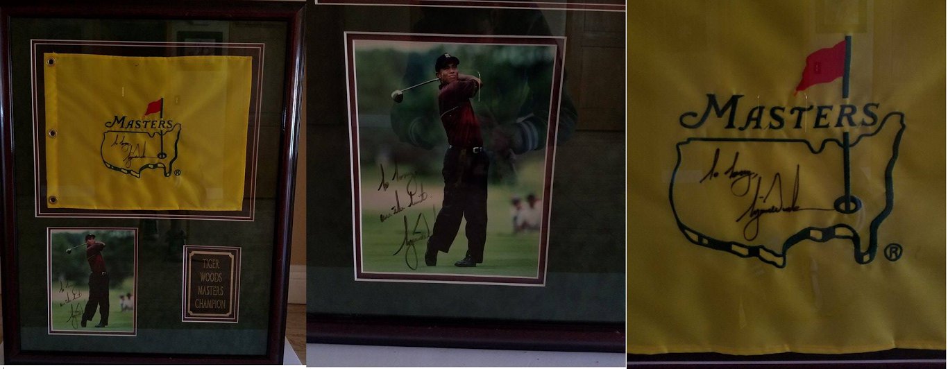 TIGER WOODS SIGNED 8X10 PHOTO AND MASTERS FLAG IN AMUSEUM QUALITY FRAME