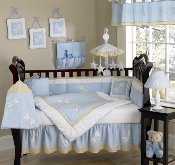 blue dragonfly new born baby bedding set, 10pcs, crib linen, cot set