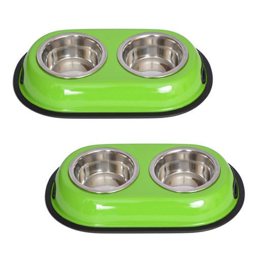 2 Pack Color Splash Stainless Steel Double Diner (Green) Dog/Cat 1 Qt/32oz/4 Cup