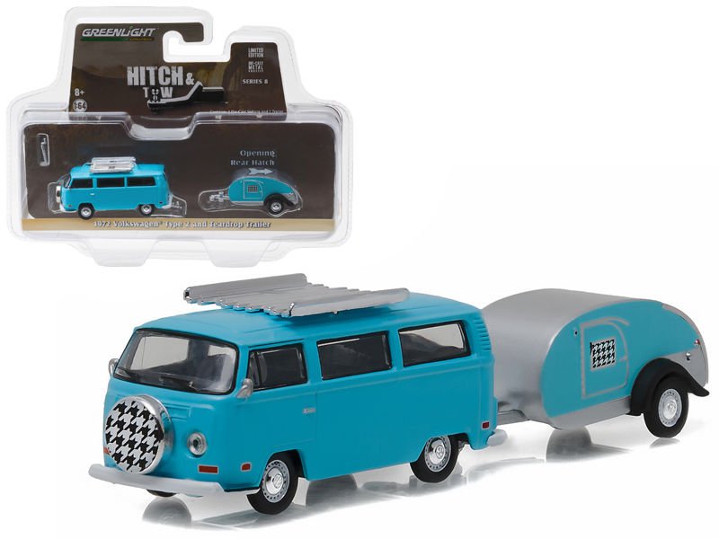 1972 Volkswagen Type 2 Bus Blue and Teardrop Trailer Hitch & Tow Series 8 1/64