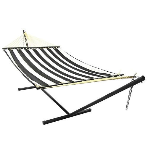 Sunnydaze Black and White Quilted Double Fabric Hammock Spreader Bar and Stand