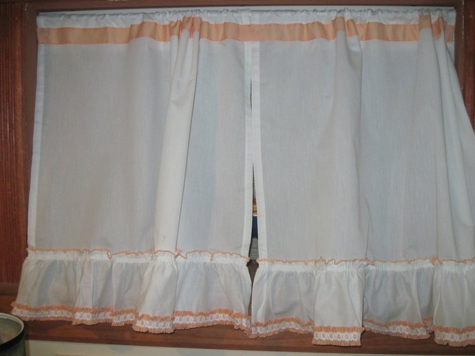 White Cafe Curtains with Peach Trim