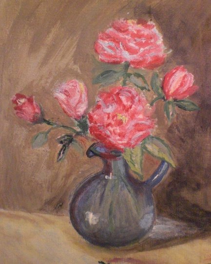 Original Artwork "Roses in Blue Vase" Painting Oil on Canvas by Rose Spiers, 1981