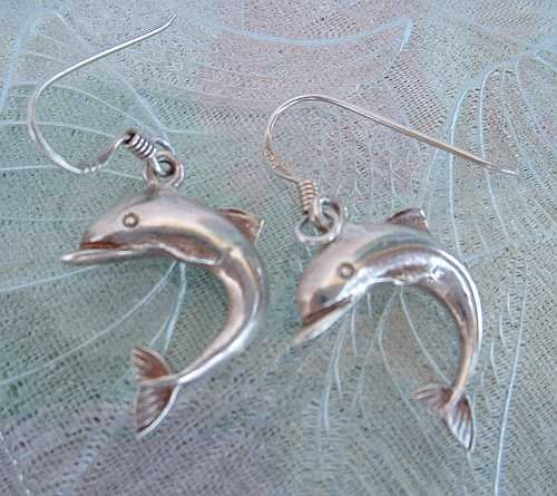 Sterling Silver Dolphin Dangle Earrings Signed Jewelry