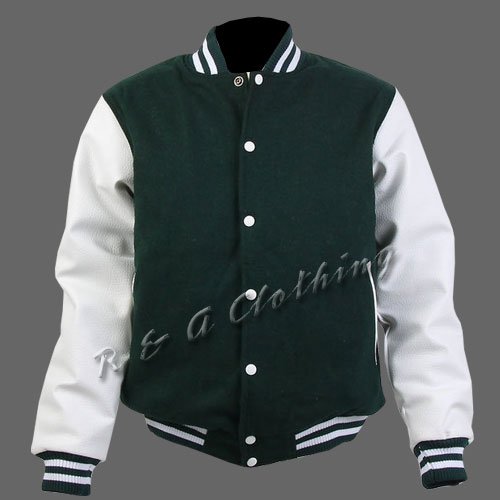 New R & A Green and White varsity jacket with Long Leather Sleeves size 2xl