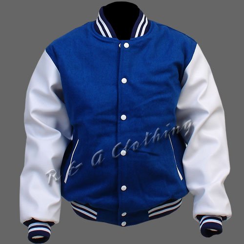 New R & A Royal Blue and White varsity jacket with Long Leather Sleeves size 3xl