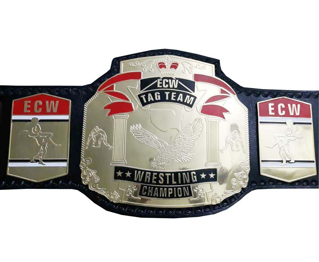 ECW TAG TEAM WRESTLING CHAMPIONSHIP BELT BLACK LEATHER STRAP ADULT SIZE