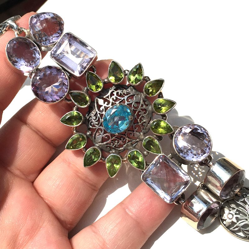 Statement Jewelry Large .925 Sterling Silver Gemstone Bracelet Amethyst Blue Topaz Peridot