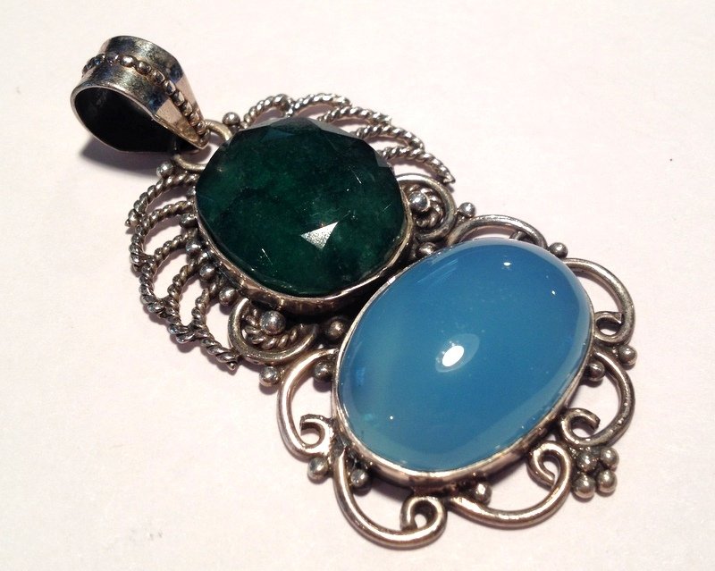 .925 silver Gemstone Jewelry Large Natural Emerald Blue Chalcedony Sterling Pendant