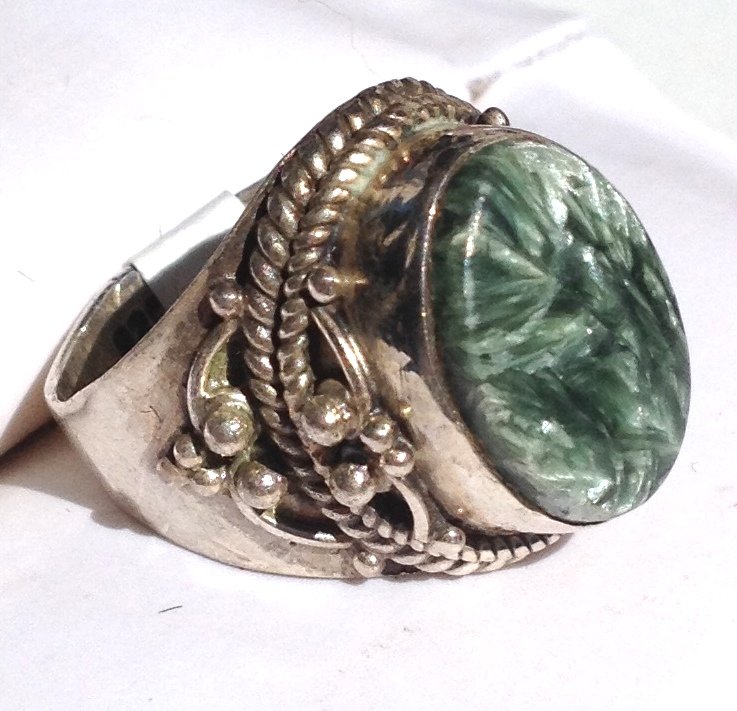 Angel Wing Seraphinite Gemstone Ring .925 Silver Jewelry Size 5 Ornate Sterling