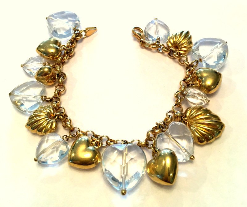 14k Gold & Quartz Heart Charm Bracelet Large Chunky 14kt Statement Jewelry