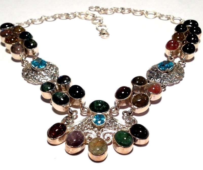 Elegant Large Rainbow Tourmaline Blue Topaz .925 Silver 16" 18" Necklace Sterling Statement Jewelry