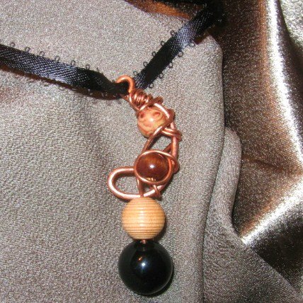 "WARM IN BLACK" Copper wire brown,black beaded, ribbon necklace,Handcrafted