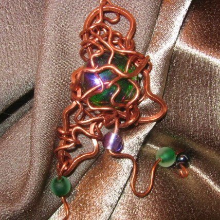 "FUNKADELIC" Copper wire,Glass stone/cabachon,green,purple,hematite beaded Pendant,Handmade