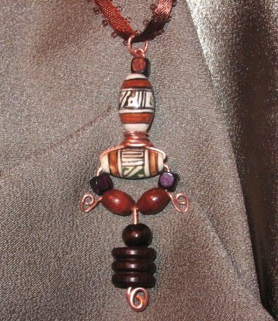 " I AM" Wooden & White,brown,black clay beads, Copper wire & ribbon necklace, Handmade