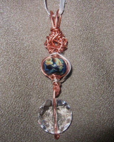 "QUEEN" Blue/cream boro & faux crystal bead.Copper & Silver plated white ribbon necklace,Handmade