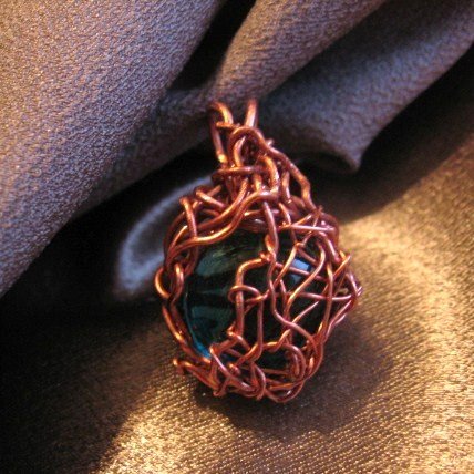 "BLUE SPICE" Glass cabachon/stone,Copper wire Pendant, Handmade