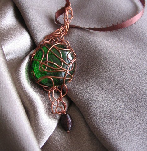 "GREEN EYED" Glass cabochon, wooden brown bead, ribbon Copper wire Necklace, Handcrafted jewelry