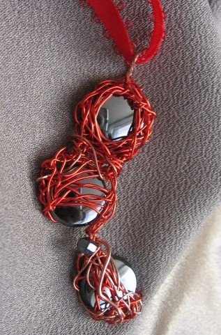 "RED LIGHT" Vintage hematite glass cabachons, red coated copper wire necklace,Handmade jewelry