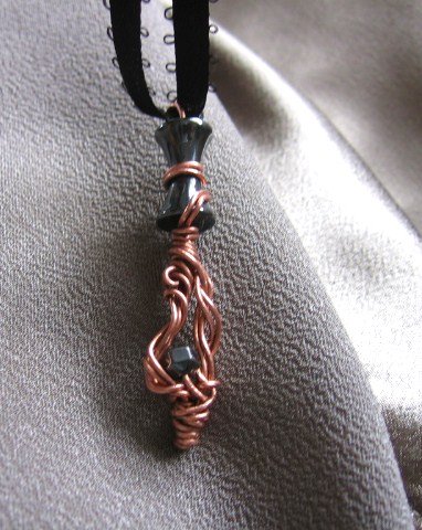 "RANDOM ELEGANCE" Genuine Hematite beads, Copper wire, black ribbon necklace,Handcrafted jewelry