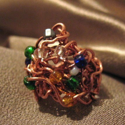 "DRAMA QUEEN" Glass seed beads, hematite,Copper wire ring, Handmade Jewelry