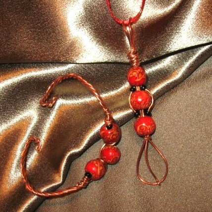 "SASSY" Red/cream wooden & black seed beads,Copper wire cuff bracelet and necklace set,Handmade