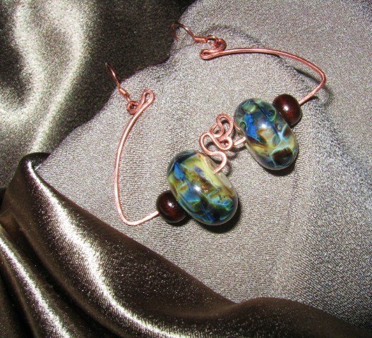 "BLOSSOMS IN BLUE" Borosilicate glass & brown wooden beads,Copper earrings,Handcrafted Jewelry