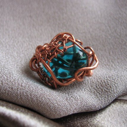 "BOTTOM OF THE OCEAN" Blue glass cabochon copper wire ring,Handmade Jewelry