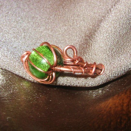 "CAGED BEAUTY" Copper wire ring,green glass bead, Handcrafted Jewelry