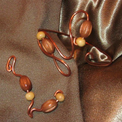 "FREEDOM" Brown and cream wooden beads, Copper wire necklace & bracelet set,Handcrafted