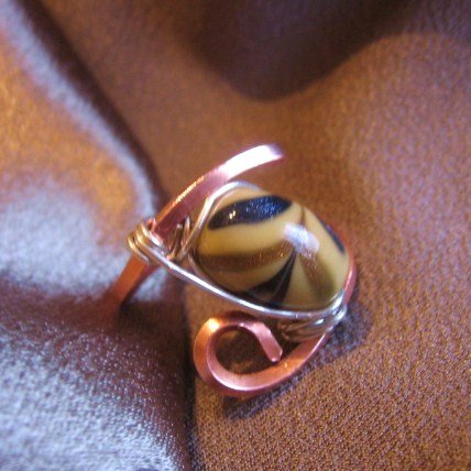 "CREAM" Copper & Sterling Sliver wire ring,black,gold,cream bead,Handmade Jewelry