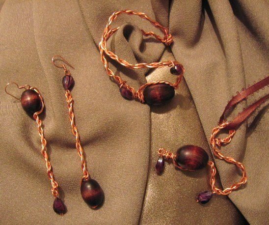 "CAPTIVATE" Copper wire, brown wooden,purple glass beads,necklace,bracelet & earrings set,Handmade