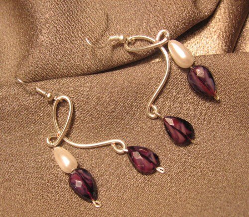 "LADY" Purple Briolettes & faux pearl beads, Sterling silver filled, Earrings, Handcrafted Jewelry
