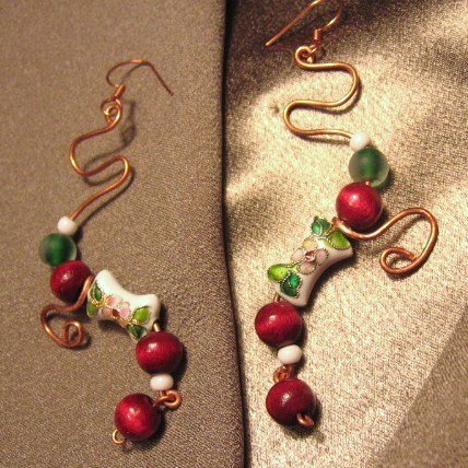 "CRANBERRY COCKTAIL" Wood,Cloissone, green glass,white beads, Copper Earrings, Handcrafted Jewelry